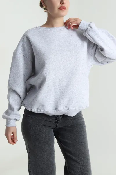 Gri Şardonlu Simli Üç İp Kadın Sweat 493596