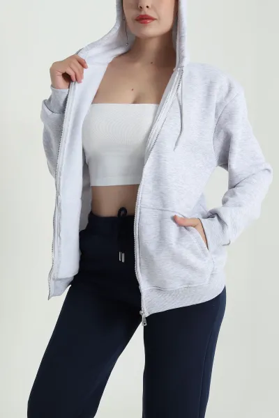 Gri Şardonlu Üç İp Fermuarlı Kadın Sweat 483334