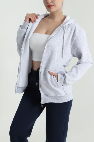 Gri Şardonlu Üç İp Fermuarlı Kadın Sweat 483334