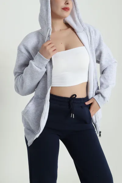 Gri Şardonlu Üç İp Fermuarlı Kadın Sweat 483334