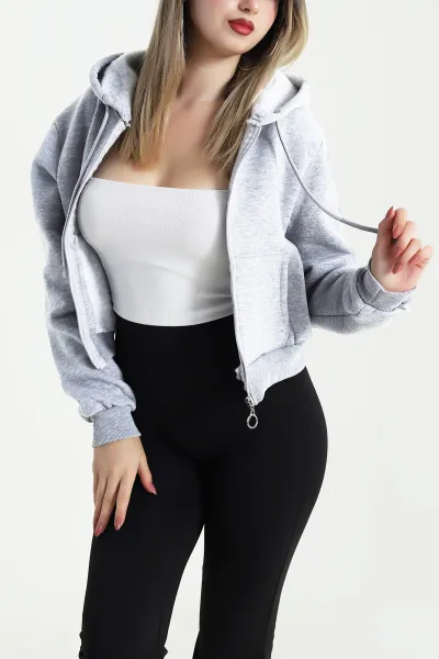 Gri Şardonlu Üç İp Fermuarlı Kadın Sweat 486053