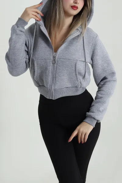 Gri Şardonlu Üç İp Fermuarlı Kadın Sweat 486053