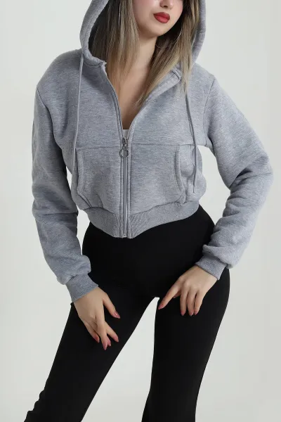 Gri Şardonlu Üç İp Fermuarlı Kadın Sweat 486053