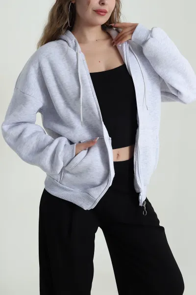 Gri Şardonlu Üç İp Fermuarlı Kadın Sweat 486068