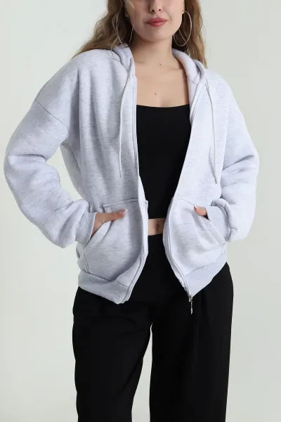 Gri Şardonlu Üç İp Fermuarlı Kadın Sweat 486068