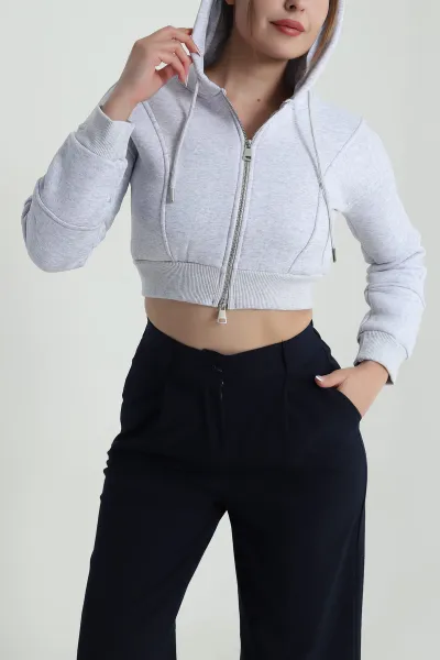 Gri Şardonlu Üç İp Kadın Fermuarlı Sweat 487199