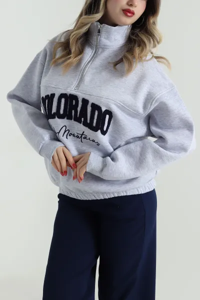 Gri Şardonlu Üç İp Kadın Sweat 491689