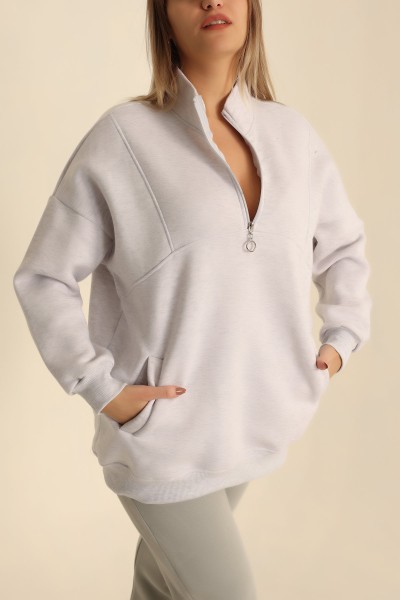 Gri Şardonlu Yarım Fermuarlı Sweat 222626