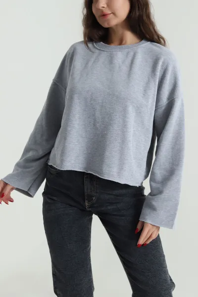 Gri Şardonsuz Üç İp Kadın Fermuarsız Sweat 494341