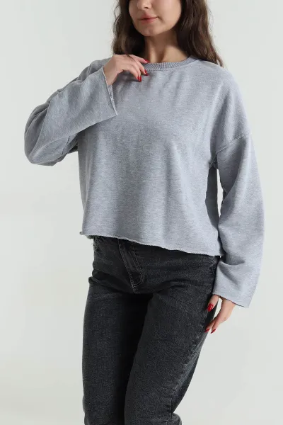 Gri Şardonsuz Üç İp Kadın Fermuarsız Sweat 494341