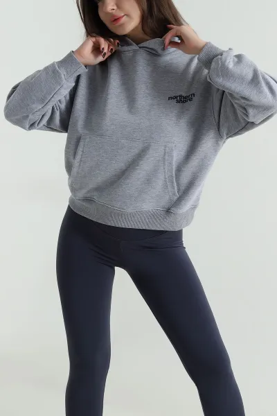 Gri Şardonsuz Üç İp Kadın Fermuarsız Sweat 498038