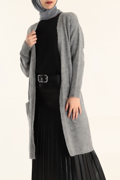Gri Selanik Triko Yün Bayan Hırka 212529