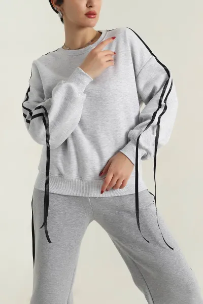 Gri Şerit Detay Şardonlu Üç İp Kadın Sweat 413801