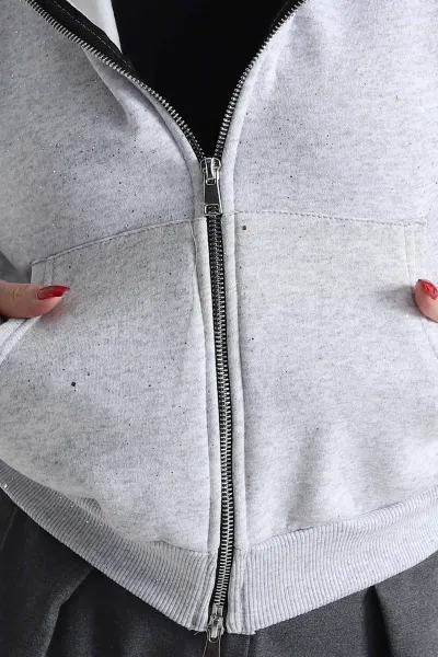 Gri Simli Kadın Fermuarlı Sweat 495074