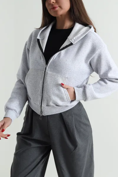Gri Simli Kadın Fermuarlı Sweat 495074