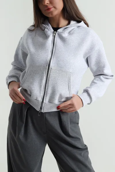 Gri Simli Kadın Fermuarlı Sweat 495074