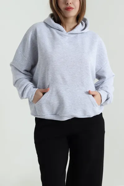 Gri Sırtı Dantelli Şardonsuz Üç İp Kadın Sweat 494399