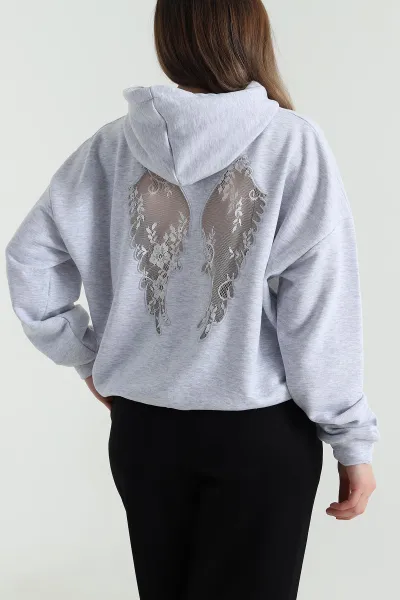 Gri Sırtı Dantelli Şardonsuz Üç İp Kadın Sweat 494399