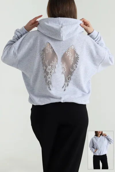 Gri Sırtı Dantelli Şardonsuz Üç İp Kadın Sweat 494399