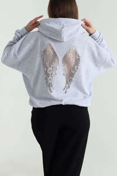 Gri Sırtı Dantelli Şardonsuz Üç İp Kadın Sweat 494399