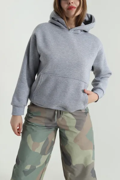 Gri Sırtı Pul İşlemeli Şardonlu Kadın Fermuarsız Sweat 494471