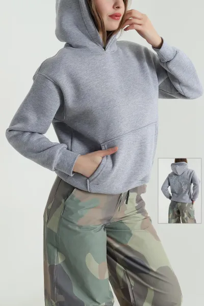 Gri Sırtı Pul İşlemeli Şardonlu Kadın Fermuarsız Sweat 494471