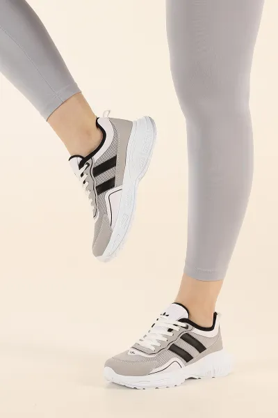 Gri Siyah Bağcıklı Fileli Yüksek Taban Kadın Spor Ayakkabı 337725