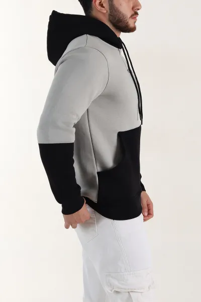Gri Siyah Üç İp Şardonlu Kapüşonlu Yazı Detaylı Erkek Sweatshirt 396154
