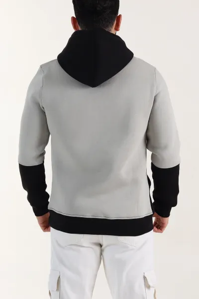 Gri Siyah Üç İp Şardonlu Kapüşonlu Yazı Detaylı Erkek Sweatshirt 396154