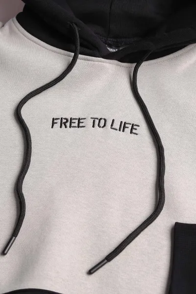 Gri Siyah Üç İp Şardonlu Kapüşonlu Yazı Detaylı Erkek Sweatshirt 396154