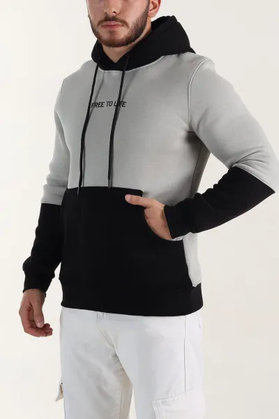 Gri Siyah Üç İp Şardonlu Kapüşonlu Yazı Detaylı Erkek Sweatshirt 396154