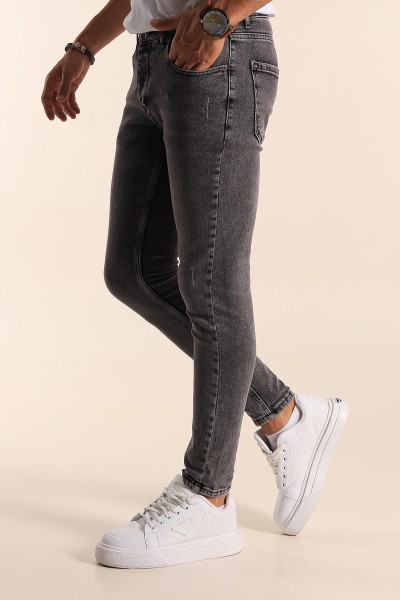 Gri Skinny Fit Likralı Taşlama Detaylı Erkek Kot Pantolon 194711