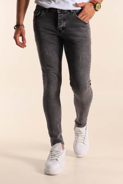 Gri Skinny Fit Likralı Taşlama Detaylı Erkek Kot Pantolon 194711