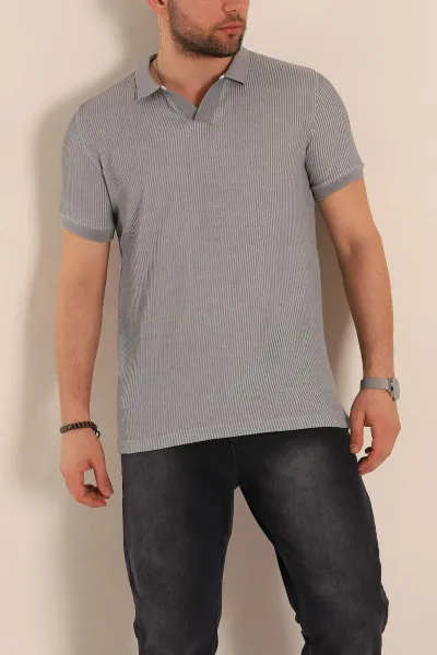 Gri Slim Fit Fitilli Doku Polo Yaka Erkek Tişört 262706