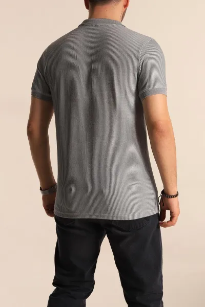 Gri Slim Fit Fitilli Doku Polo Yaka Erkek Tişört 262706