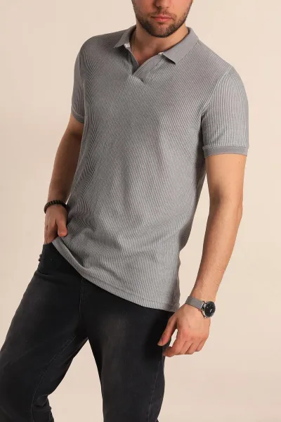 Gri Slim Fit Fitilli Doku Polo Yaka Erkek Tişört 262706