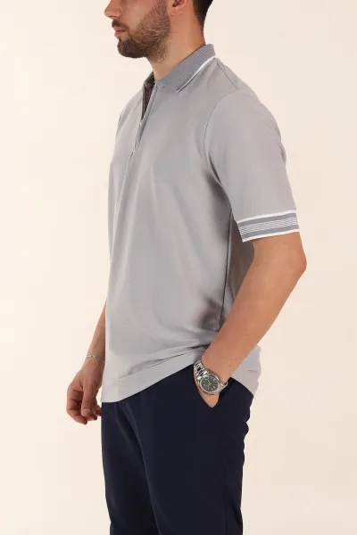 Gri Slim Fit Kol Detaylı Fermuarlı Polo Yaka Erkek Triko Tişört 369513