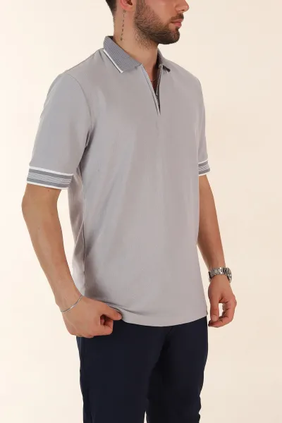 Gri Slim Fit Kol Detaylı Fermuarlı Polo Yaka Erkek Triko Tişört 369513