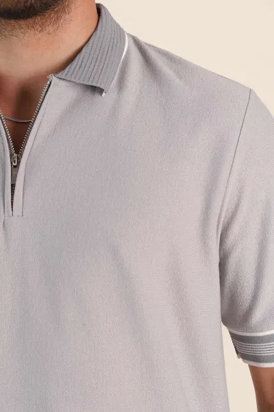Gri Slim Fit Kol Detaylı Fermuarlı Polo Yaka Erkek Triko Tişört 369513