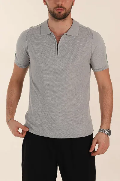 Gri Slim Fit Omuz Şerit Detaylı Fermuarlı Polo Yaka Erkek Triko Tişört 358400