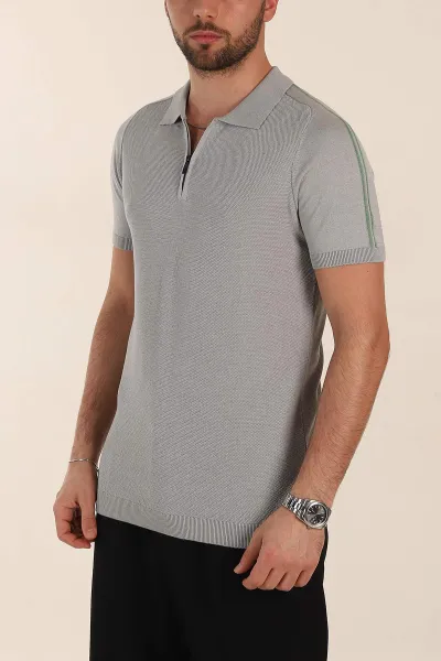 Gri Slim Fit Omuz Şerit Detaylı Fermuarlı Polo Yaka Erkek Triko Tişört 358400