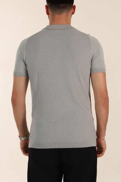 Gri Slim Fit Omuz Şerit Detaylı Fermuarlı Polo Yaka Erkek Triko Tişört 358400