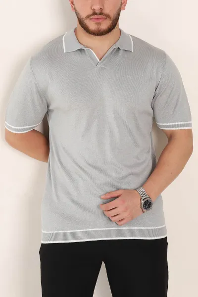 Gri Slim Fit Patlı Polo Yaka Erkek Triko Tişört 358353