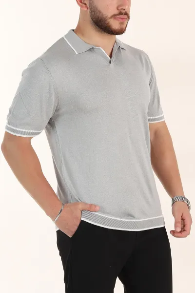 Gri Slim Fit Patlı Polo Yaka Erkek Triko Tişört 358353
