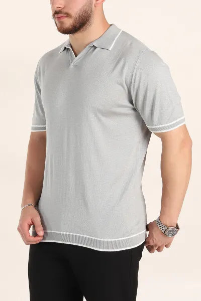 Gri Slim Fit Patlı Polo Yaka Erkek Triko Tişört 358353