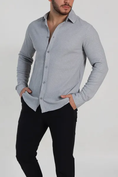 gri-slim-fit-petek-dokulu-uzun-kollu-erkek-gomlek-325216