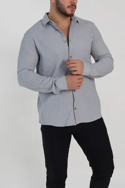 Gri Slim Fit Petek Dokulu Uzun Kollu Erkek Gömlek 325216