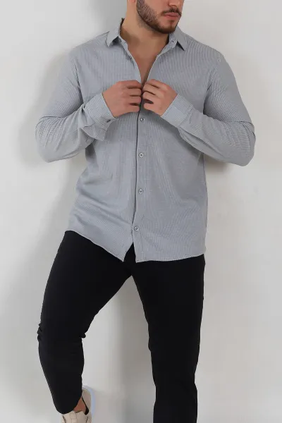 Gri Slim Fit Petek Dokulu Uzun Kollu Erkek Gömlek 325216