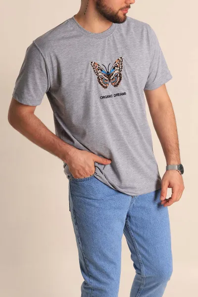 Gri Slim Fit Suprem Kumaş Kelebek Nakışlı Erkek Tişört 275979