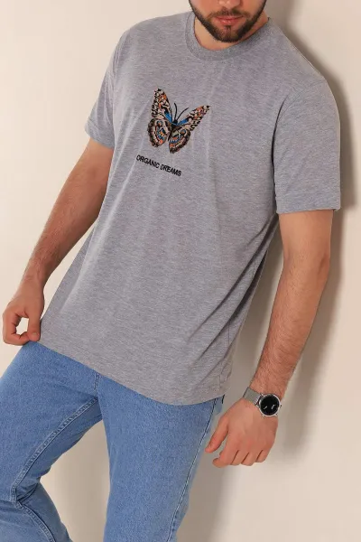 Gri Slim Fit Suprem Kumaş Kelebek Nakışlı Erkek Tişört 275979